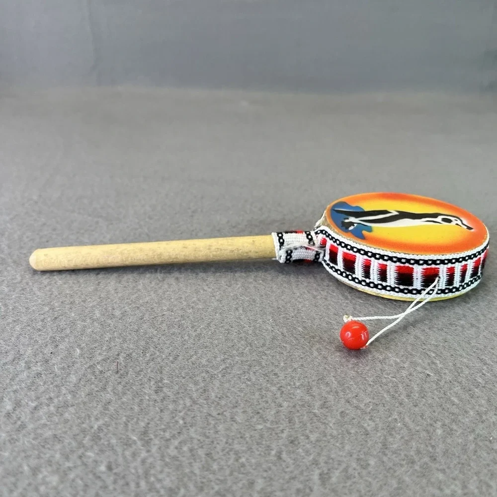 Spin Drum Wood Handle Penguin Spirit Bead Dance Beat Percussion Toy